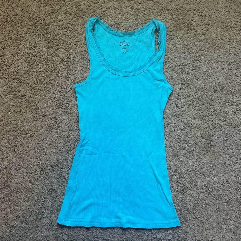 NWOT Old Navy Women's Bright Blue Ribbed Tank Top Ruffle Neckline Medium